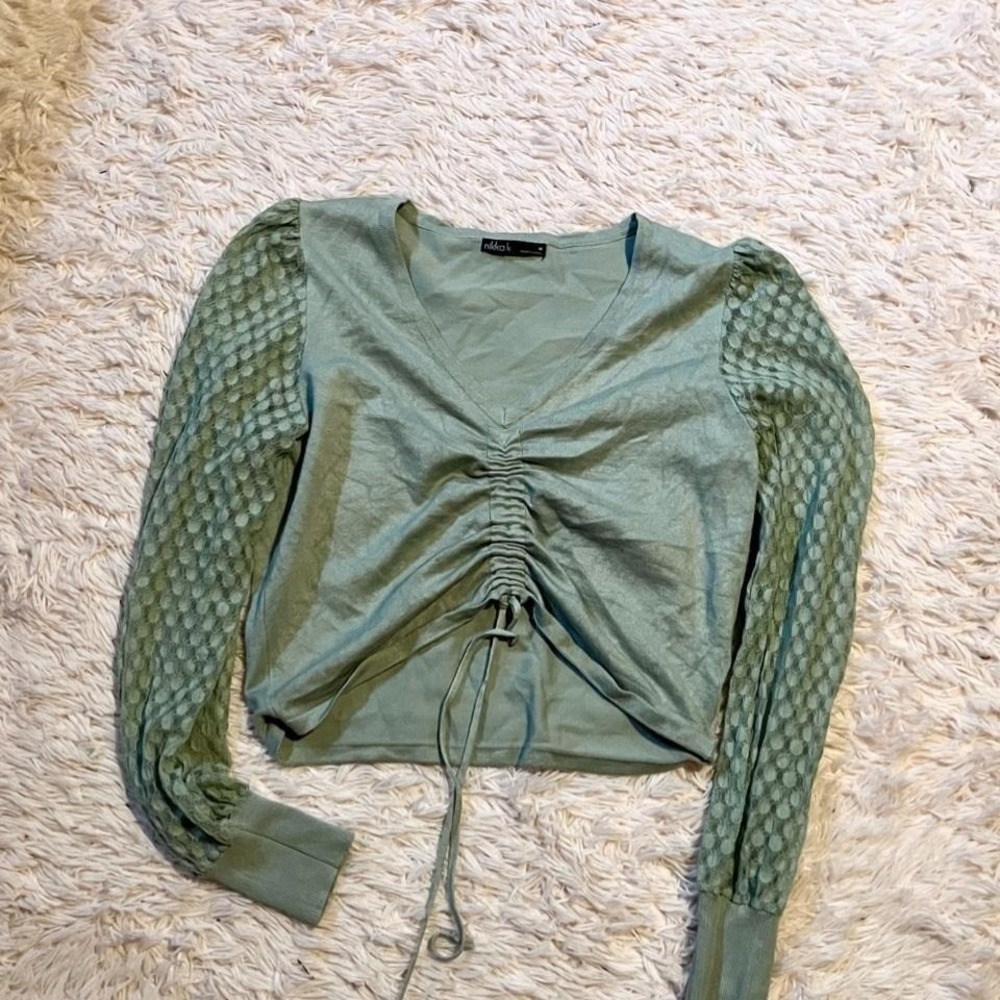 Earthy Y2K Minimalist Cinch Front Crop Top Puff Sleeve Womens M Peasant Prairie